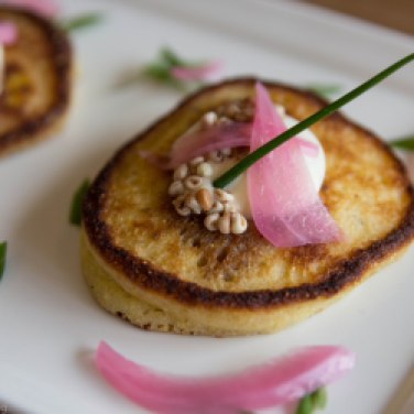 Johnny Cakes with Creme Fraiche, Pickled Onion and Caviar